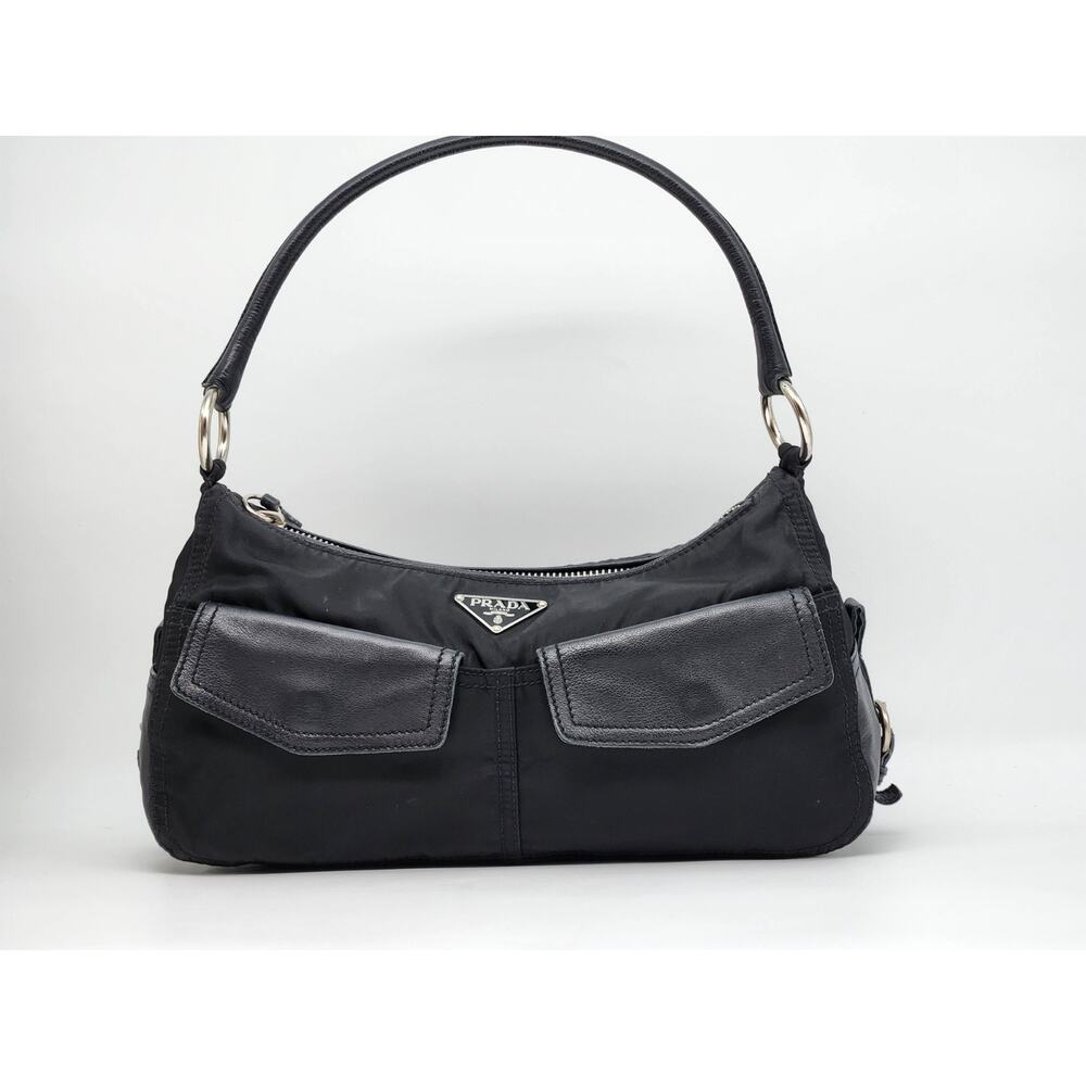 PRADA Tessuto Black Leather/Nylon Shoulder Bag Silver Detailing And Belt Strap